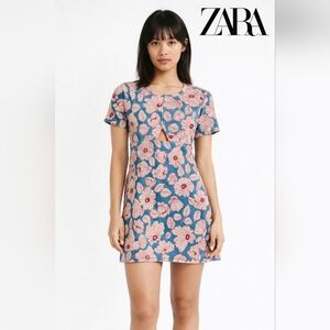 Zara Teal Blue Pink Floral Cutout Mini Dress Size Medium